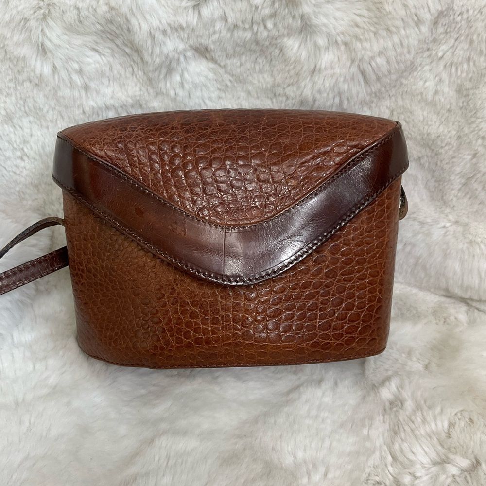 Cristian Brown Vintage Alligator Leather Pockets Small Shoulder Crossbody Bag